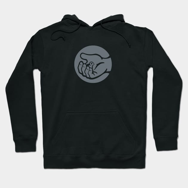 A small bird in a hand, as a symbol of care and compassion  in grey ink Hoodie by croquis design